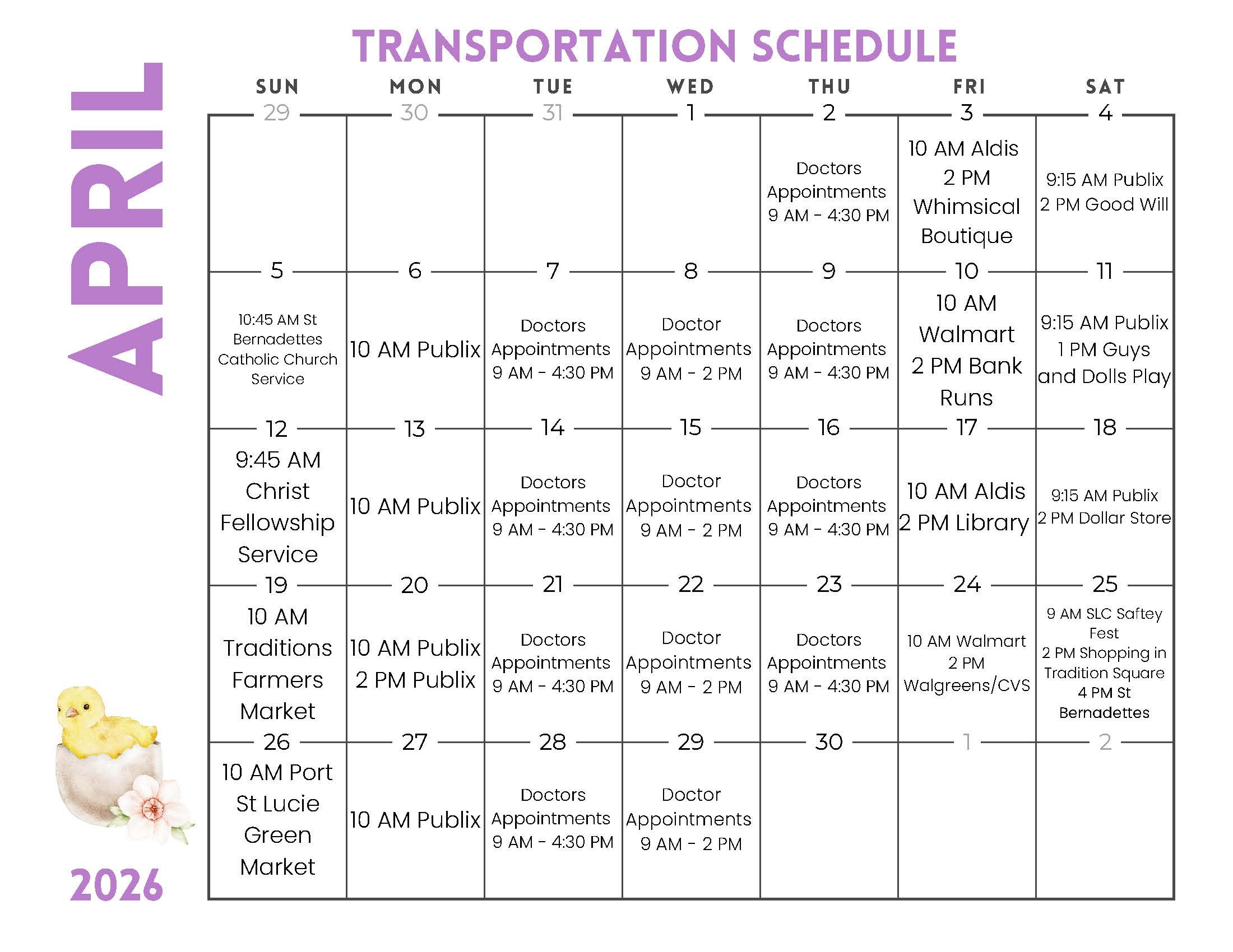 Port St. Lucie Transportation Calendar April 2026