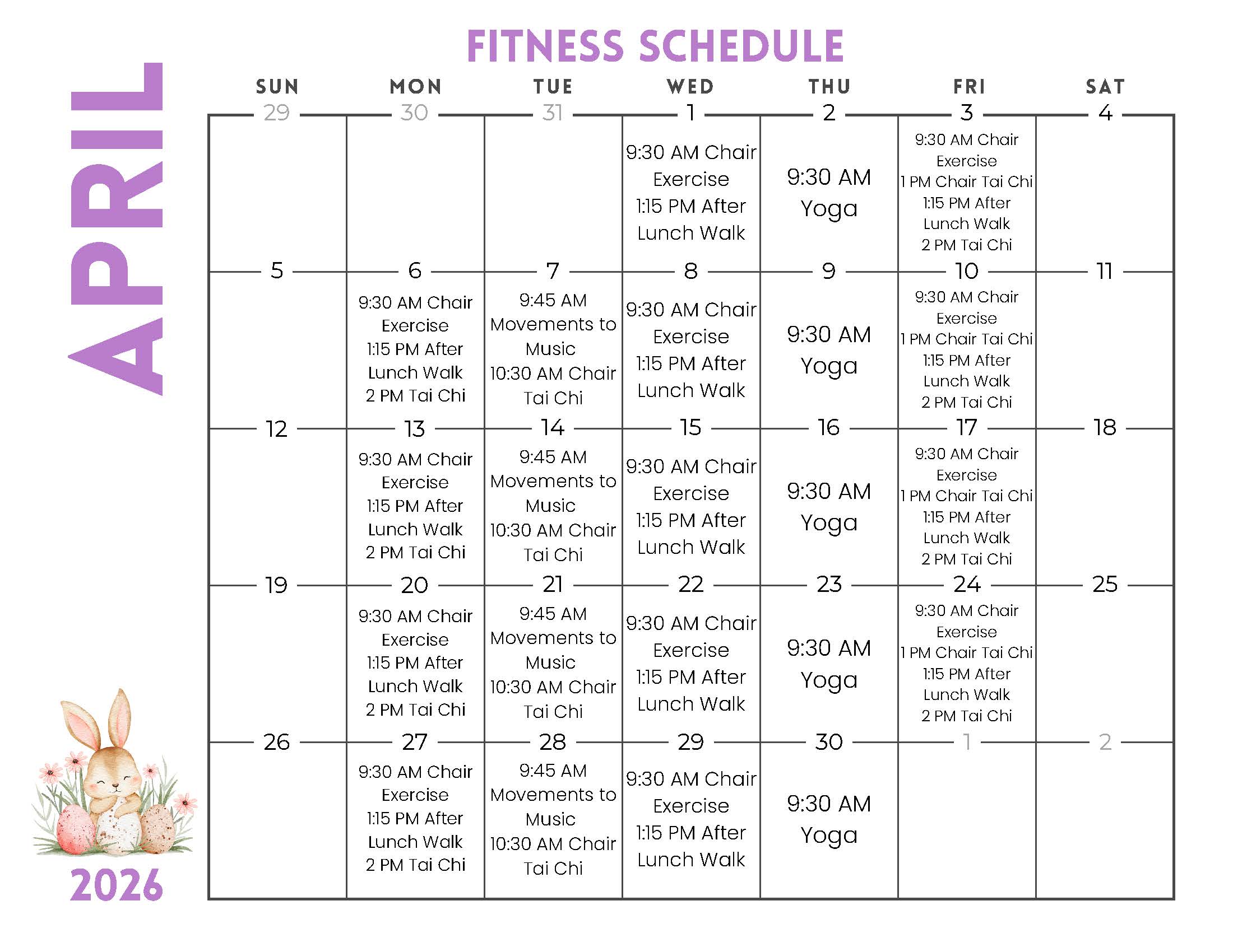 Port St. Lucie Fitness Calendar April 2026